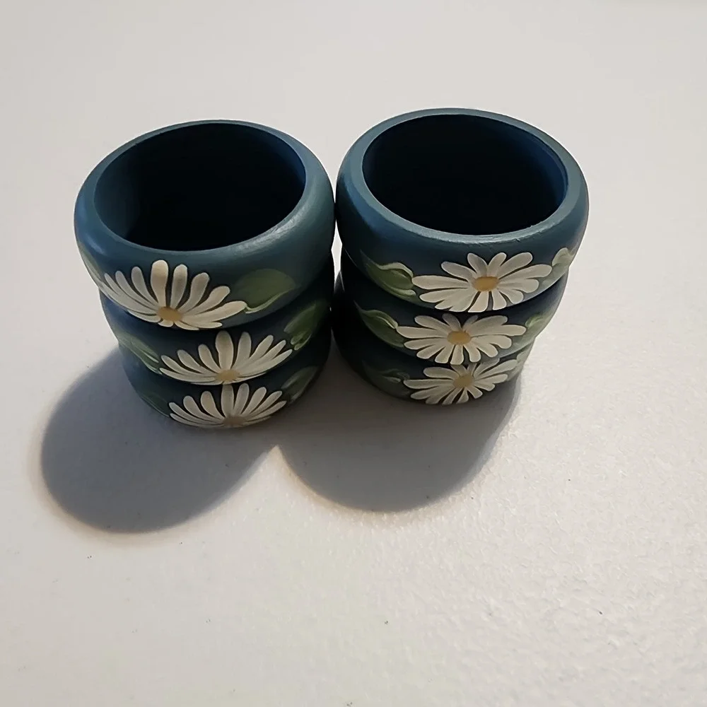 Daisy Wood Napkin Rings Set 6 Hand Painted Floral Cottagecore‎ Table Spring